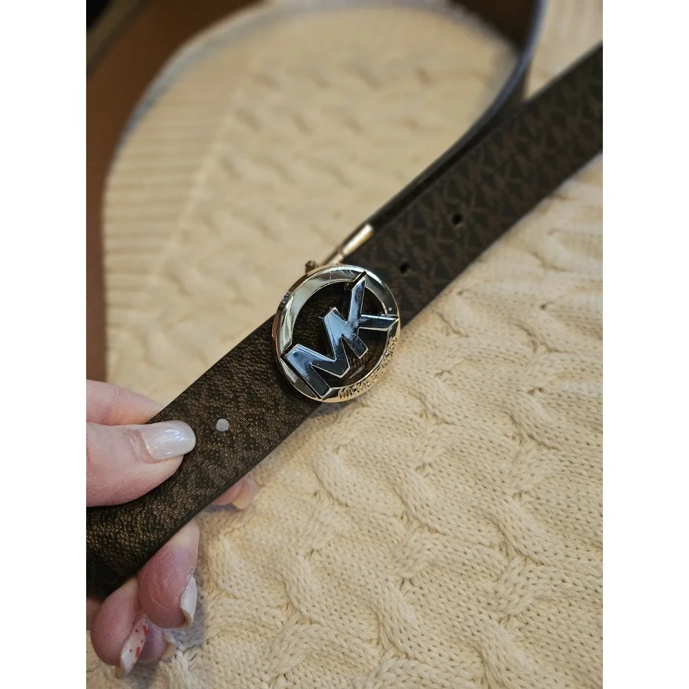 Michael Kors Signature Reversible Leather Belt W Mk Gold/Silver Buckle Sz Small